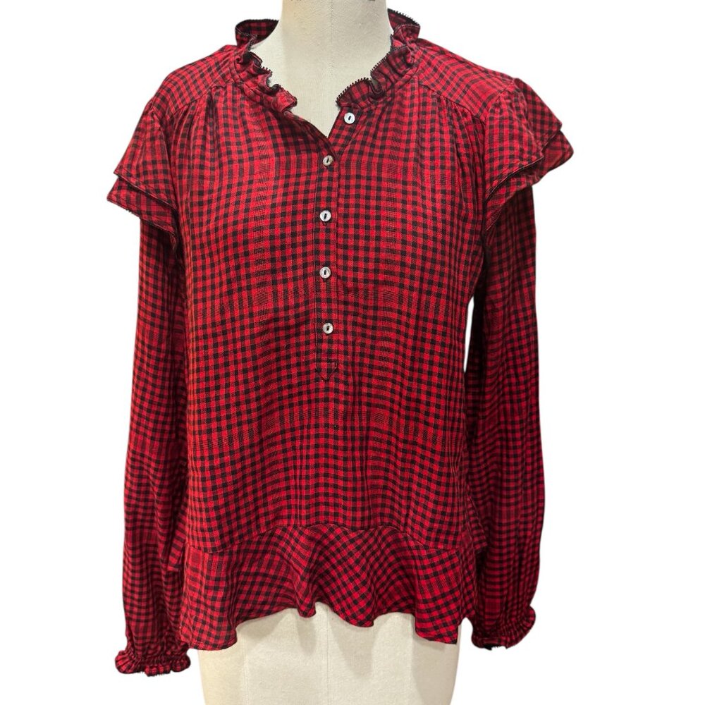 Faherty Sandia Blouse – Red & Black Gingham – Ruffle Detail – Size Large